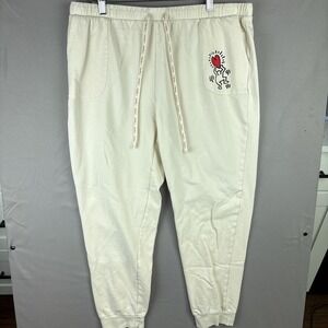 Keith Haring Sweatpants Mens XL White Fleece Joggers Heart Art Graphic